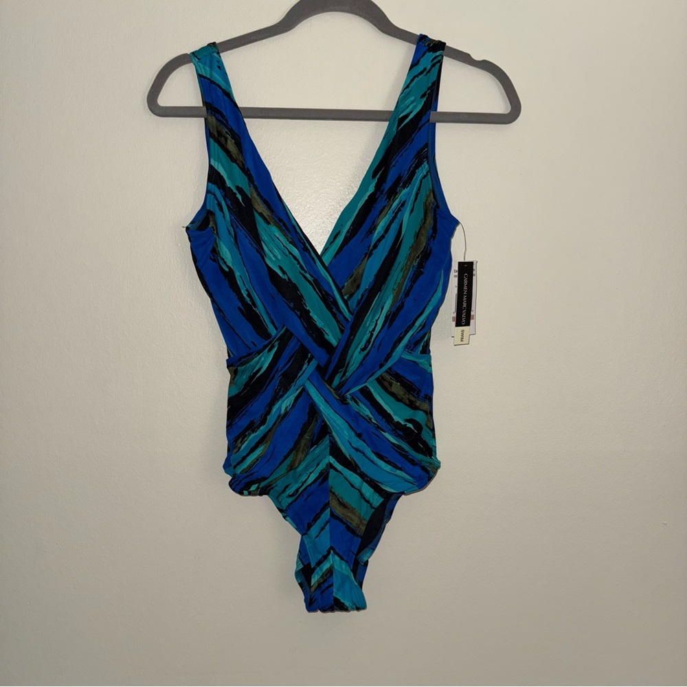 Carmen Marc Valvo Blue‎ and Black Bodysuit with Geometric Pattern